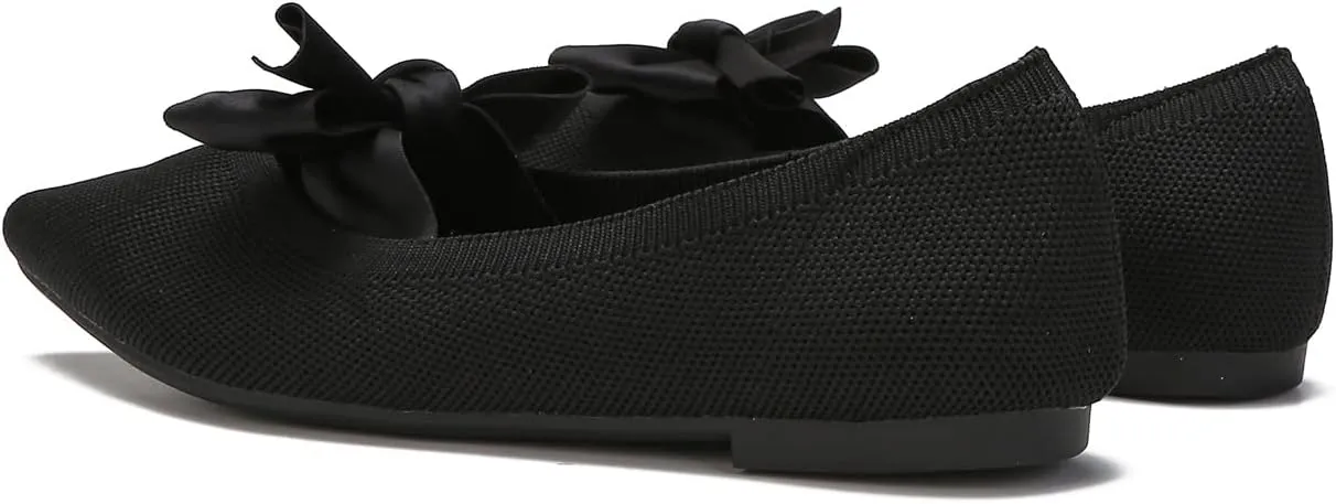 Women's Breathable Mesh Knit Ballet Flats Bow Pointed Toe Comfortable Slip On Shoes