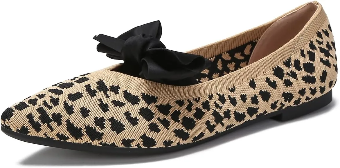 Women's Breathable Mesh Knit Ballet Flats Bow Pointed Toe Comfortable Slip On Shoes