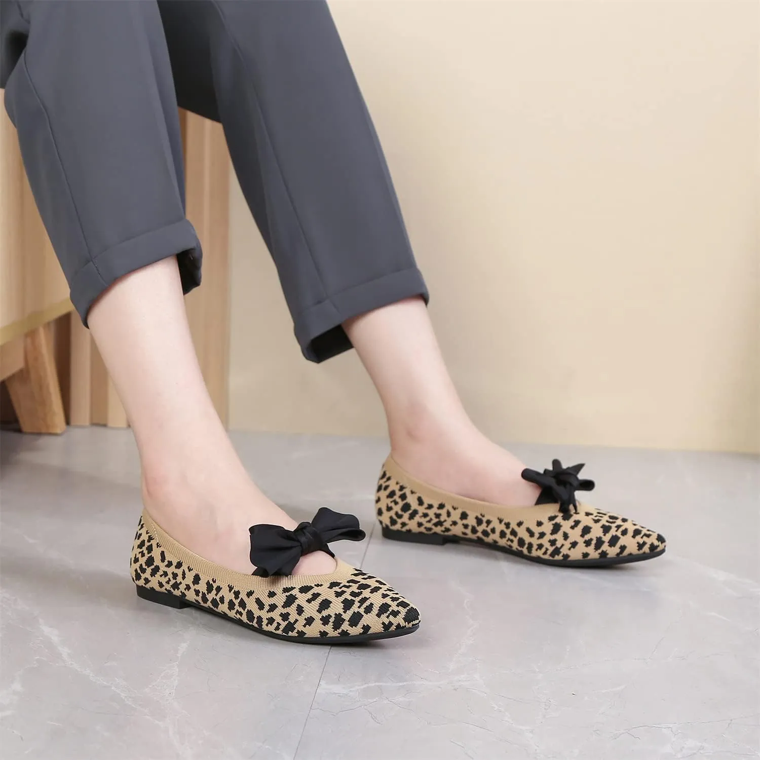 Women's Breathable Mesh Knit Ballet Flats Bow Pointed Toe Comfortable Slip On Shoes