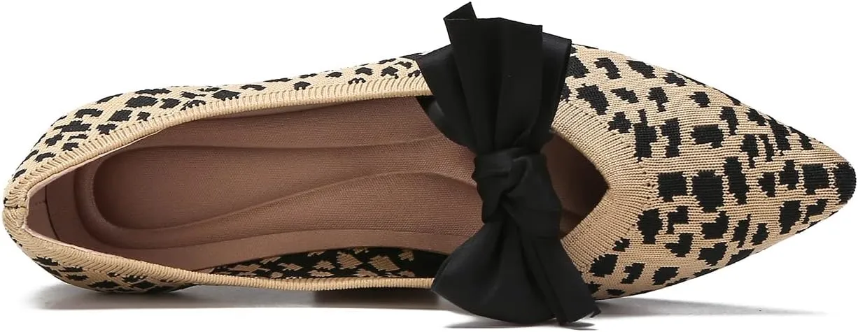 Women's Breathable Mesh Knit Ballet Flats Bow Pointed Toe Comfortable Slip On Shoes