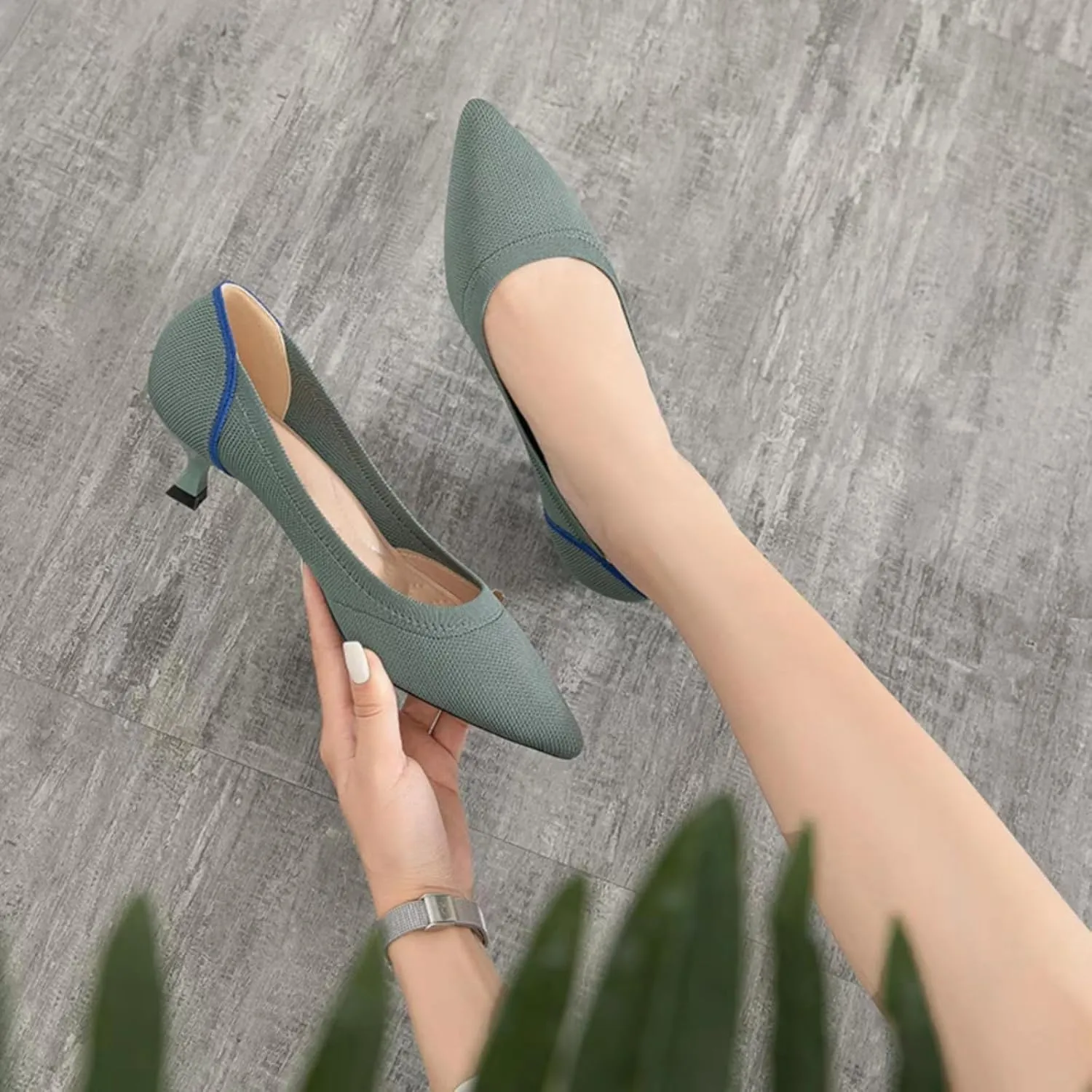 Womens Breathable Mesh Knitted Kitten Heels Pumps Classical Pointed Toe Comfortable Casual Formal Dress Party Shoes