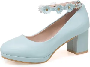 Women’s Cute Platform Ankle Strap Pumps Lolita Princess Round Closed Toe Mid Heels Chunky Buckle Flower Wedding Party Dress Fashion Comfortable Block Heeled Girls Shoes