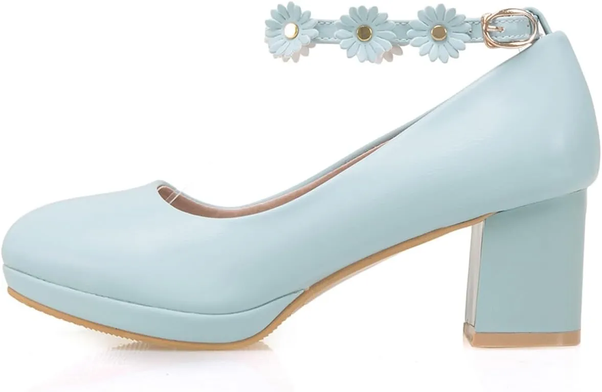 Women’s Cute Platform Ankle Strap Pumps Lolita Princess Round Closed Toe Mid Heels Chunky Buckle Flower Wedding Party Dress Fashion Comfortable Block Heeled Girls Shoes