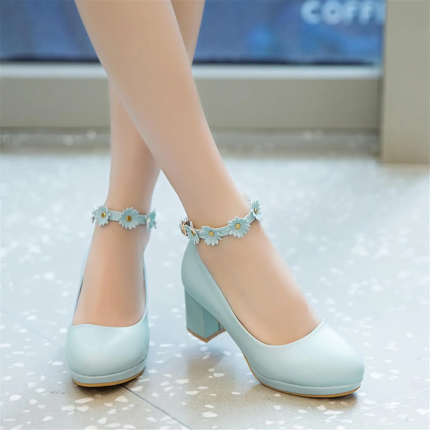 Women’s Cute Platform Ankle Strap Pumps Lolita Princess Round Closed Toe Mid Heels Chunky Buckle Flower Wedding Party Dress Fashion Comfortable Block Heeled Girls Shoes
