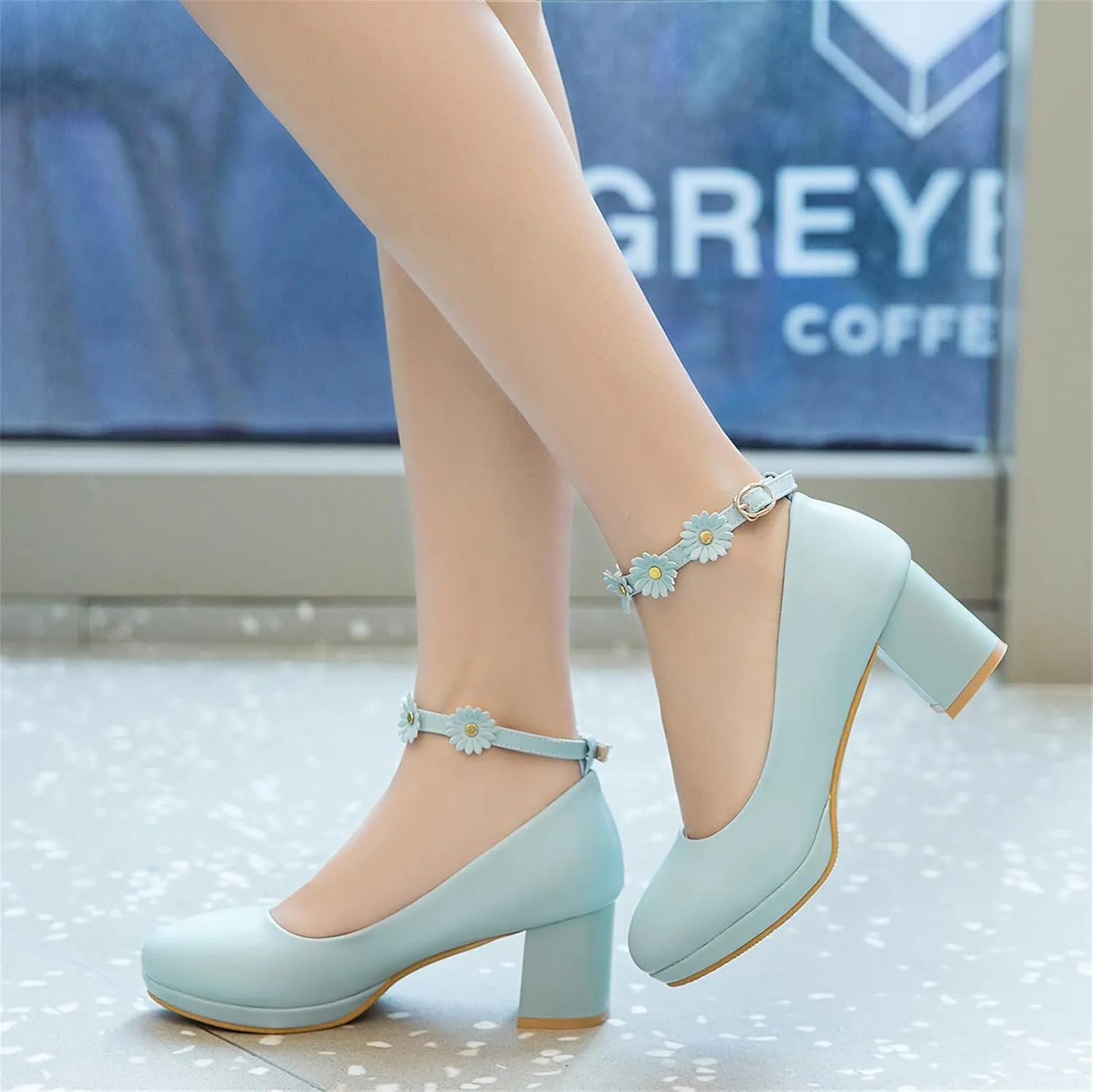 Women’s Cute Platform Ankle Strap Pumps Lolita Princess Round Closed Toe Mid Heels Chunky Buckle Flower Wedding Party Dress Fashion Comfortable Block Heeled Girls Shoes