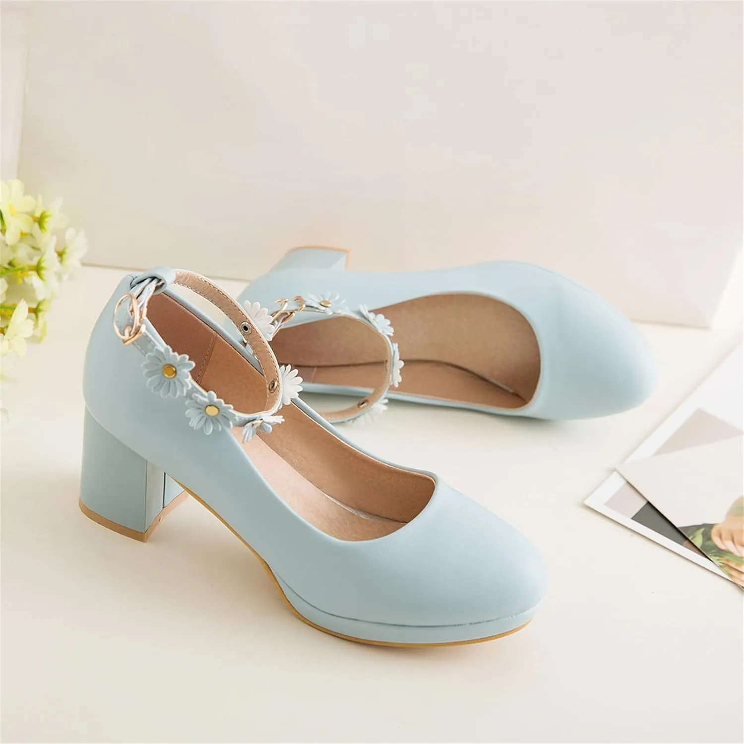 Women’s Cute Platform Ankle Strap Pumps Lolita Princess Round Closed Toe Mid Heels Chunky Buckle Flower Wedding Party Dress Fashion Comfortable Block Heeled Girls Shoes