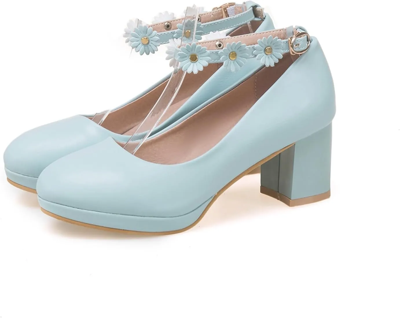 Women’s Cute Platform Ankle Strap Pumps Lolita Princess Round Closed Toe Mid Heels Chunky Buckle Flower Wedding Party Dress Fashion Comfortable Block Heeled Girls Shoes
