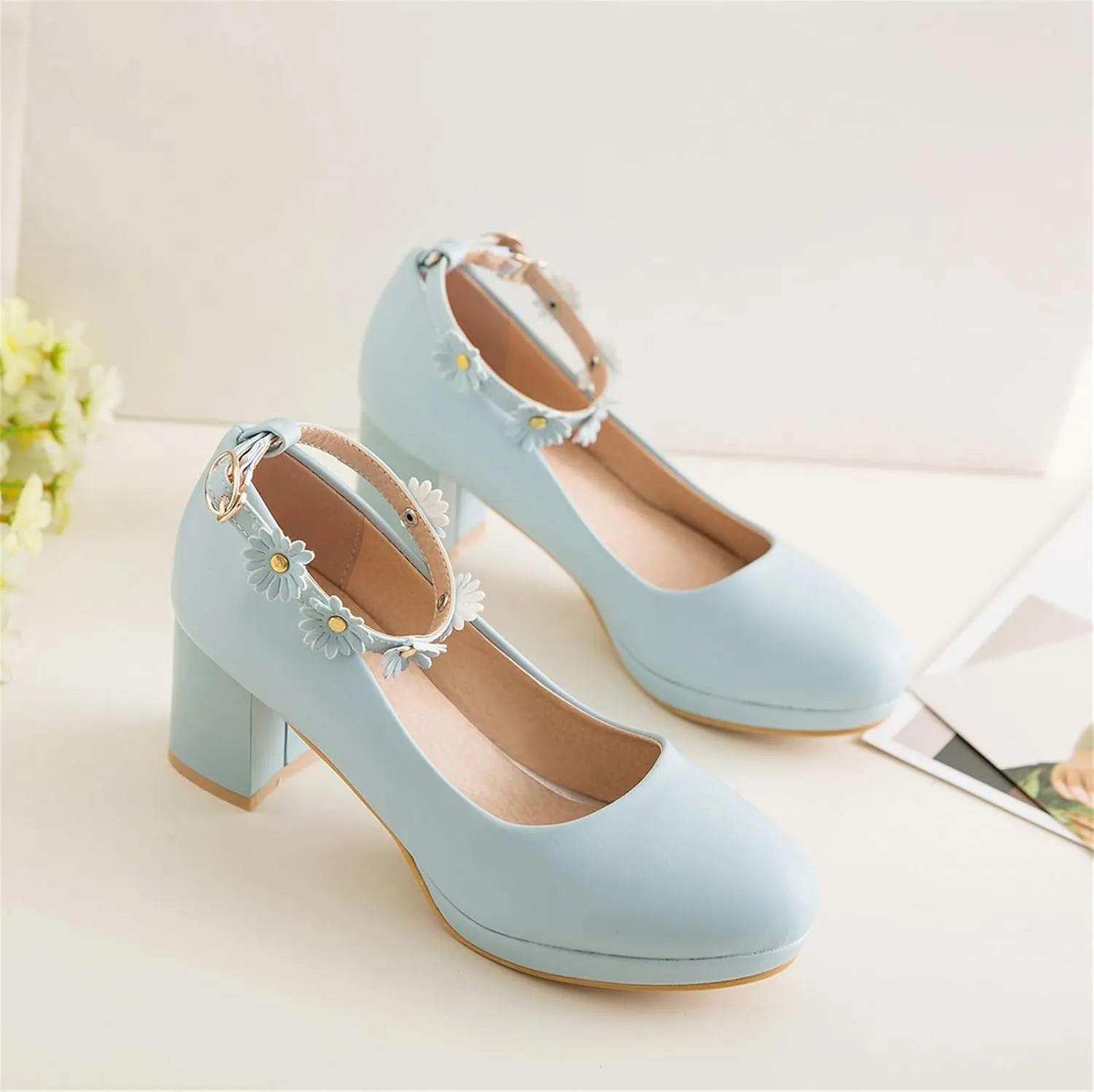 Women’s Cute Platform Ankle Strap Pumps Lolita Princess Round Closed Toe Mid Heels Chunky Buckle Flower Wedding Party Dress Fashion Comfortable Block Heeled Girls Shoes