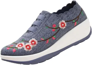 Women's Embroidered Platform Orthopedic Sneakers,Breathable Knited Mesh Lightweight Walking Shoes,Comfortable Slip On Hidden Wedges Walking Shoes