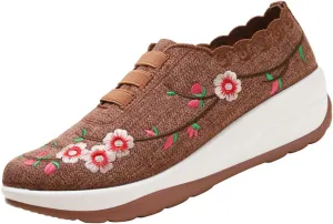 Women's Embroidered Platform Orthopedic Sneakers,Breathable Knited Mesh Lightweight Walking Shoes,Comfortable Slip On Hidden Wedges Walking Shoes