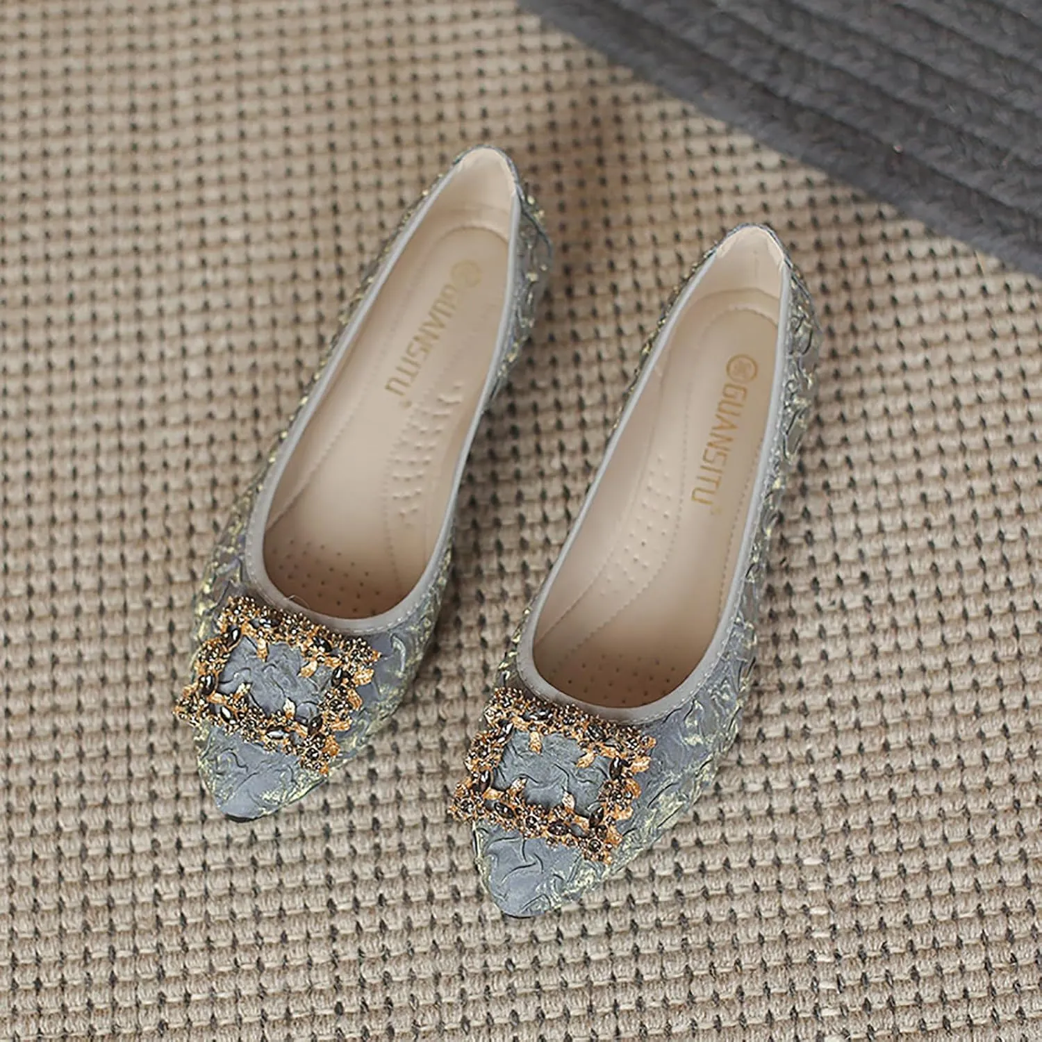 Women's Flats, Foldable Ballet Flats for Women, Fashion Buckle Pionted Toe Comfort Light Weight Slip-On Dress Shoes