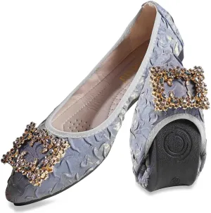 Women's Flats, Foldable Ballet Flats for Women, Fashion Buckle Pionted Toe Comfort Light Weight Slip-On Dress Shoes