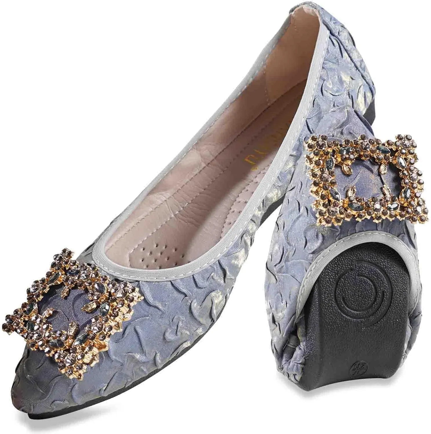 Women's Flats, Foldable Ballet Flats for Women, Fashion Buckle Pionted Toe Comfort Light Weight Slip-On Dress Shoes
