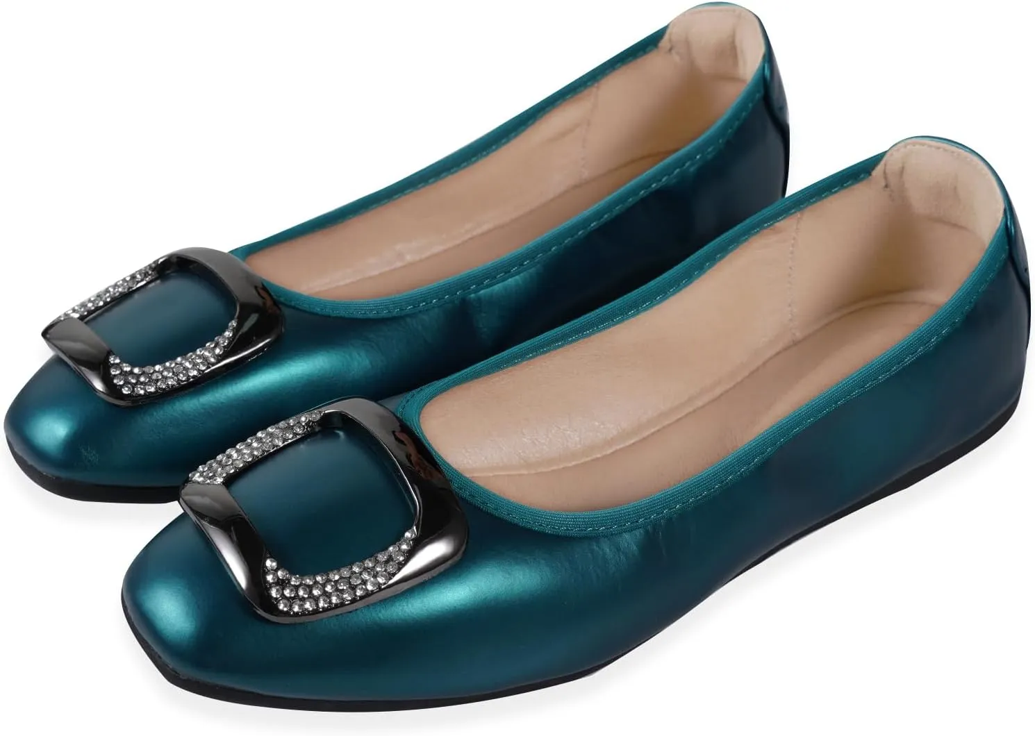Womens Foldable Soft Ballet Flats Square Toe Sparkly Beads Comfortable Slip On Ballerina Dress Flat Shoes