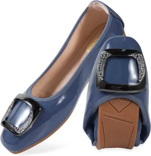 Womens Foldable Soft Ballet Flats Square Toe Sparkly Beads Comfortable Slip On Ballerina Dress Flat Shoes