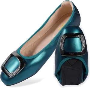 Womens Foldable Soft Ballet Flats Square Toe Sparkly Beads Comfortable Slip On Ballerina Dress Flat Shoes