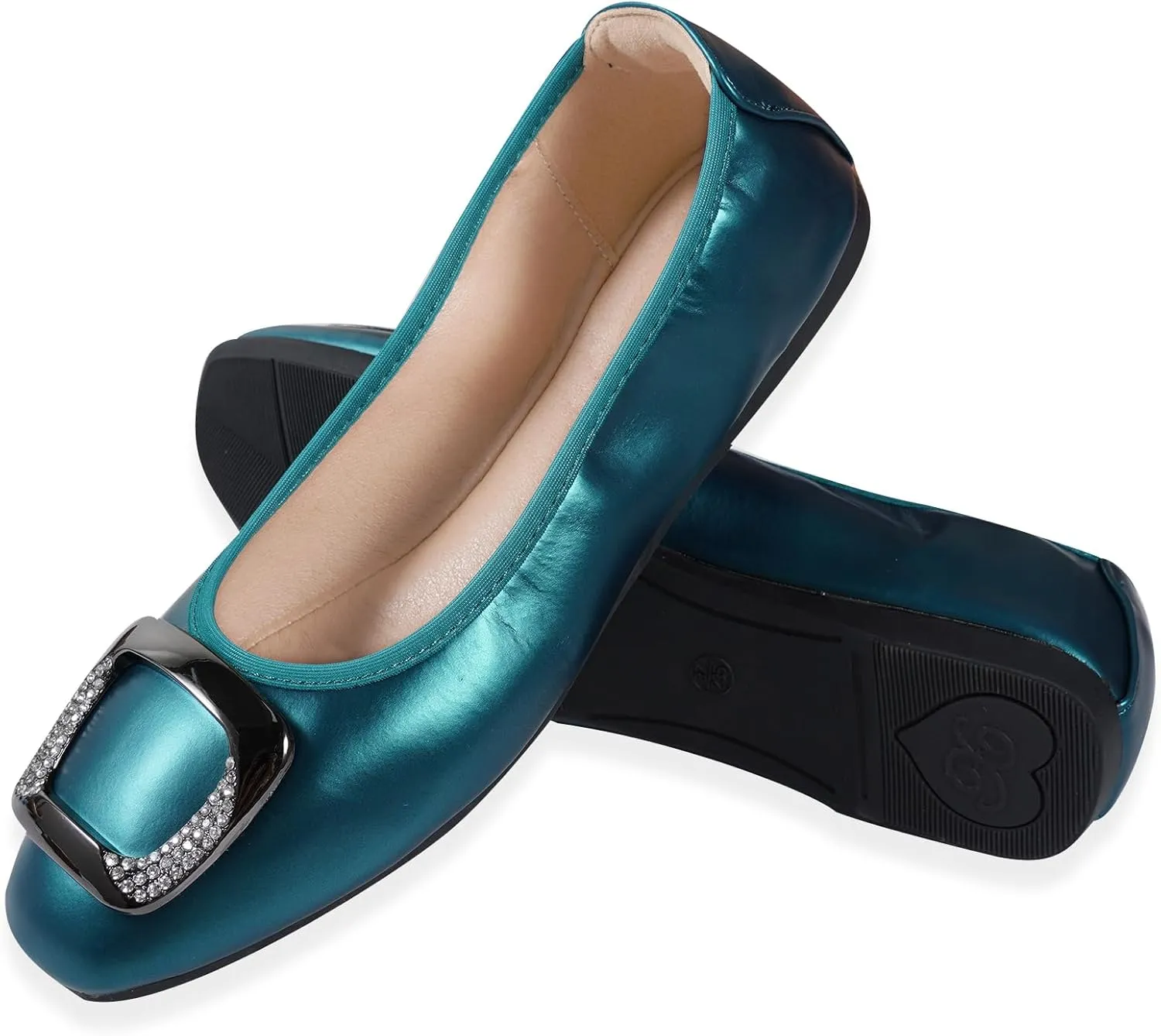 Womens Foldable Soft Ballet Flats Square Toe Sparkly Beads Comfortable Slip On Ballerina Dress Flat Shoes
