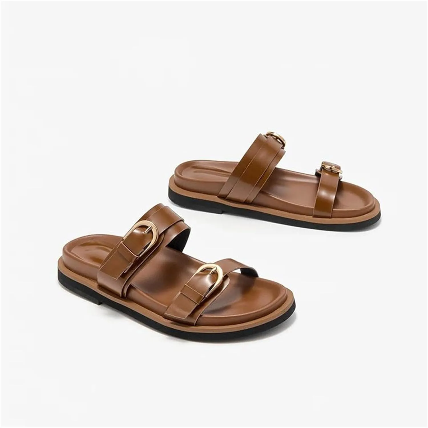 Women's Genuine Leather Slippers - Solid Double Strap Summer Beach Flats