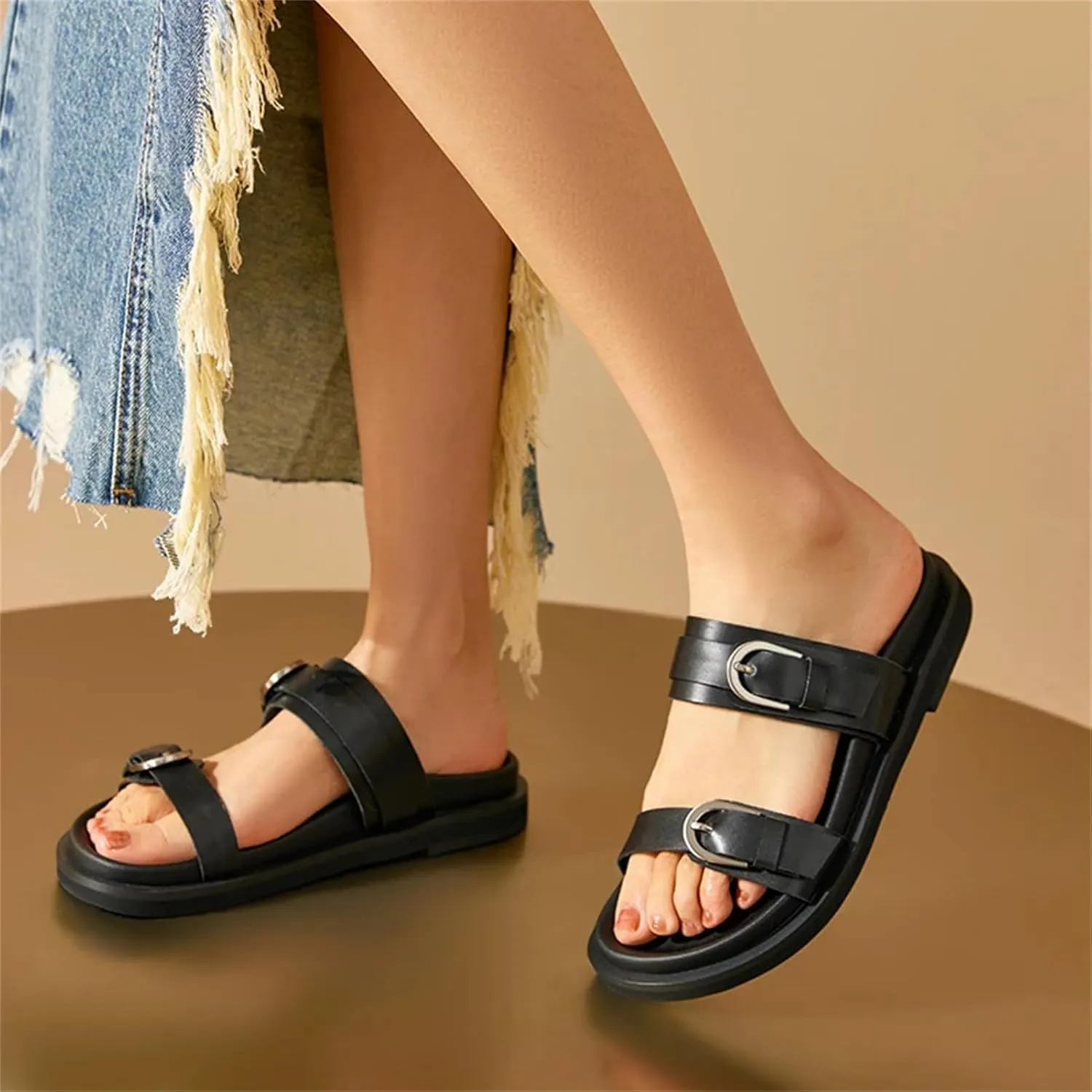 Women's Genuine Leather Slippers - Solid Double Strap Summer Beach Flats