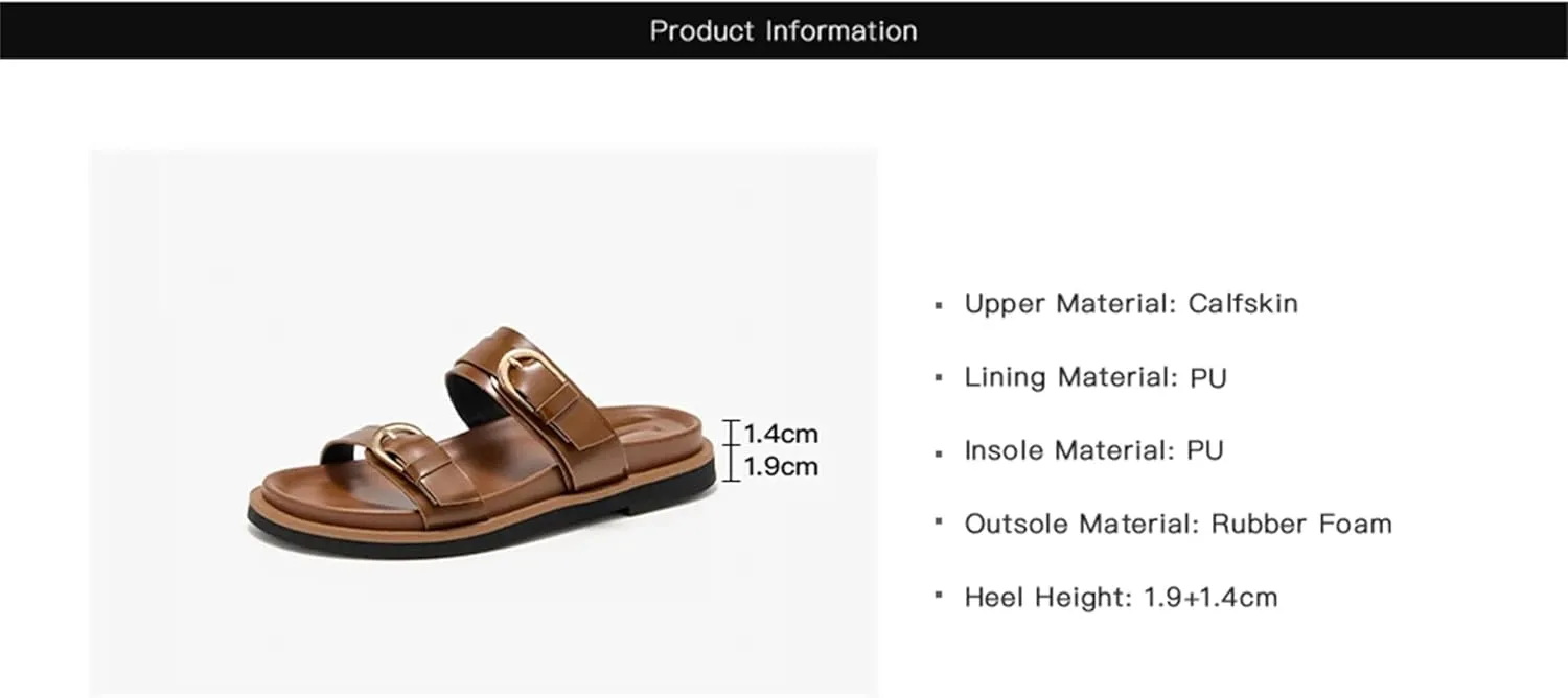 Women's Genuine Leather Slippers - Solid Double Strap Summer Beach Flats