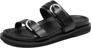 Women's Genuine Leather Slippers - Solid Double Strap Summer Beach Flats