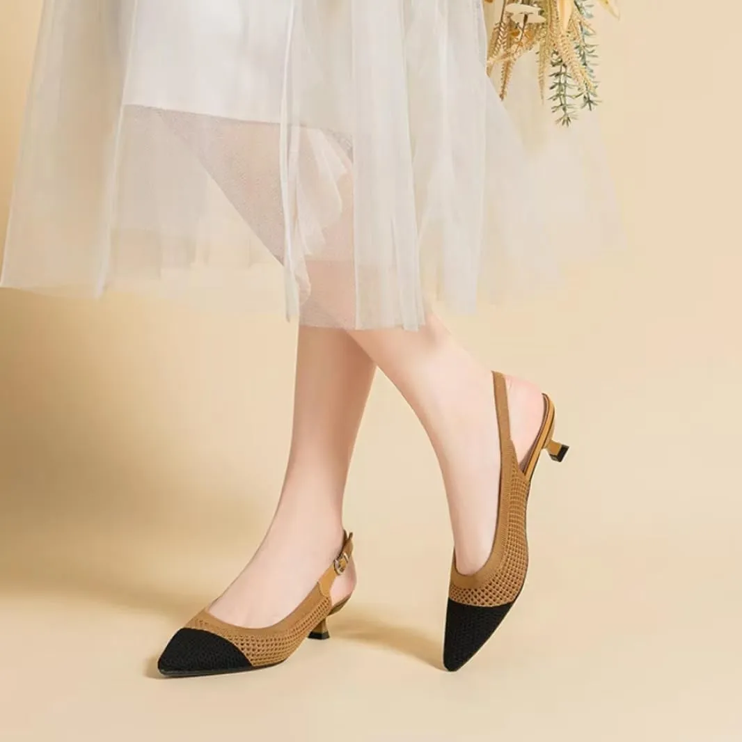 Womens Hollow Mesh Knitted Kitten Heels Slingback Work Pumps Comfortable Breathable Closed Pointed Toe Stylish Dressy Party Formal Shoes