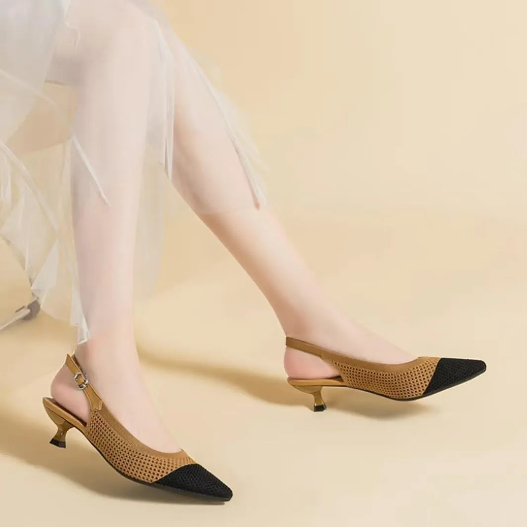 Womens Hollow Mesh Knitted Kitten Heels Slingback Work Pumps Comfortable Breathable Closed Pointed Toe Stylish Dressy Party Formal Shoes