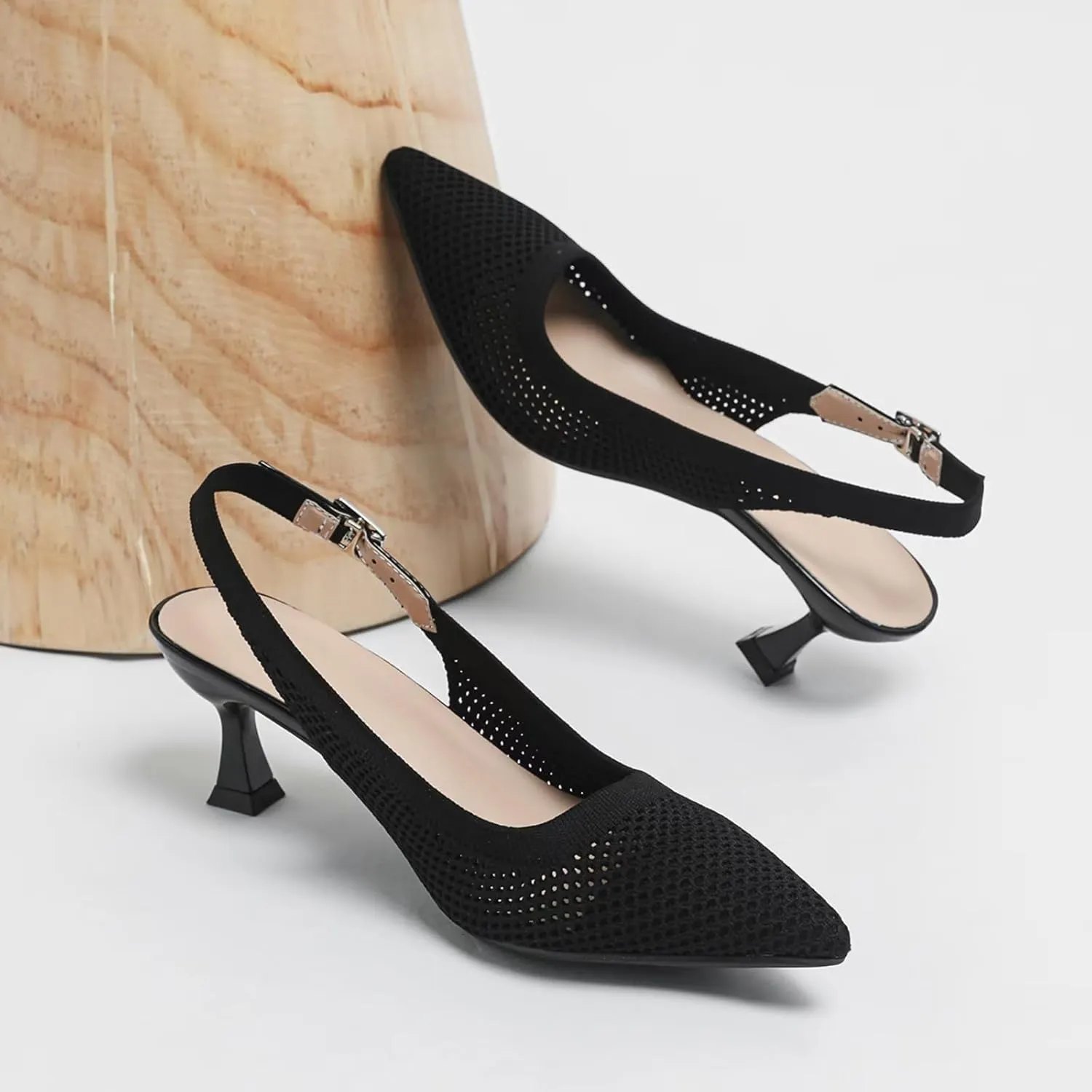 Womens Hollow Mesh Knitted Kitten Heels Slingback Work Pumps Comfortable Breathable Closed Pointed Toe Stylish Dressy Party Formal Shoes