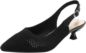 Womens Hollow Mesh Knitted Kitten Heels Slingback Work Pumps Comfortable Breathable Closed Pointed Toe Stylish Dressy Party Formal Shoes
