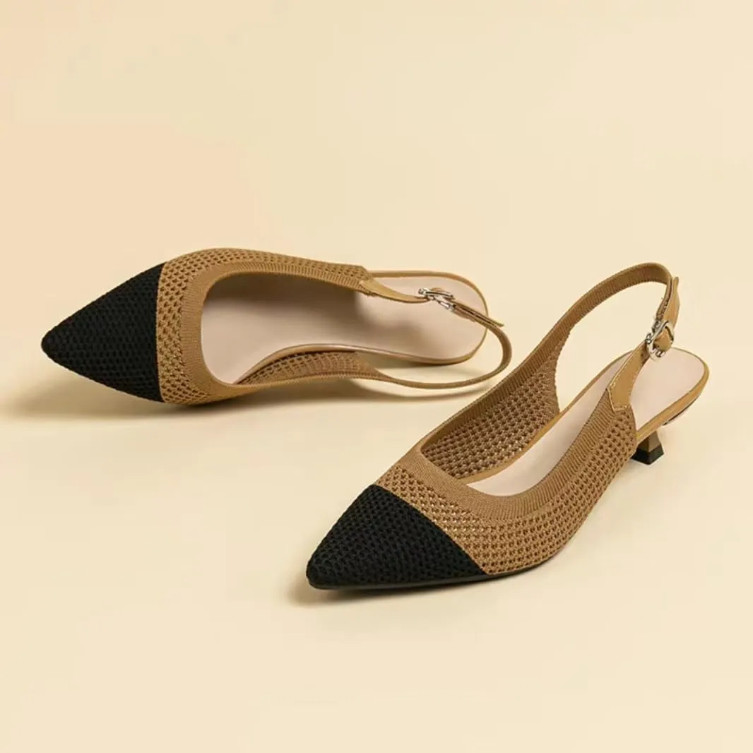 Womens Hollow Mesh Knitted Kitten Heels Slingback Work Pumps Comfortable Breathable Closed Pointed Toe Stylish Dressy Party Formal Shoes