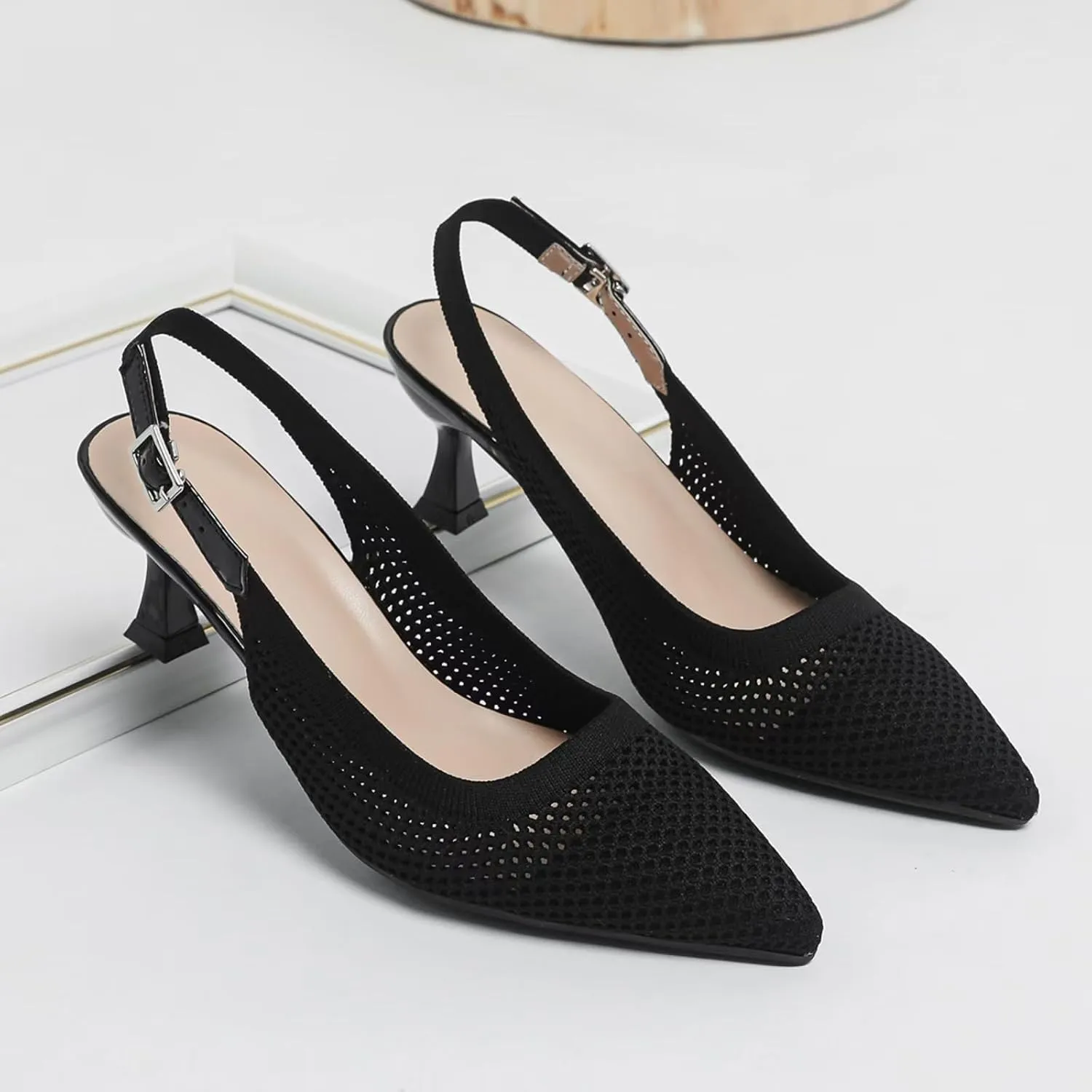Womens Hollow Mesh Knitted Kitten Heels Slingback Work Pumps Comfortable Breathable Closed Pointed Toe Stylish Dressy Party Formal Shoes