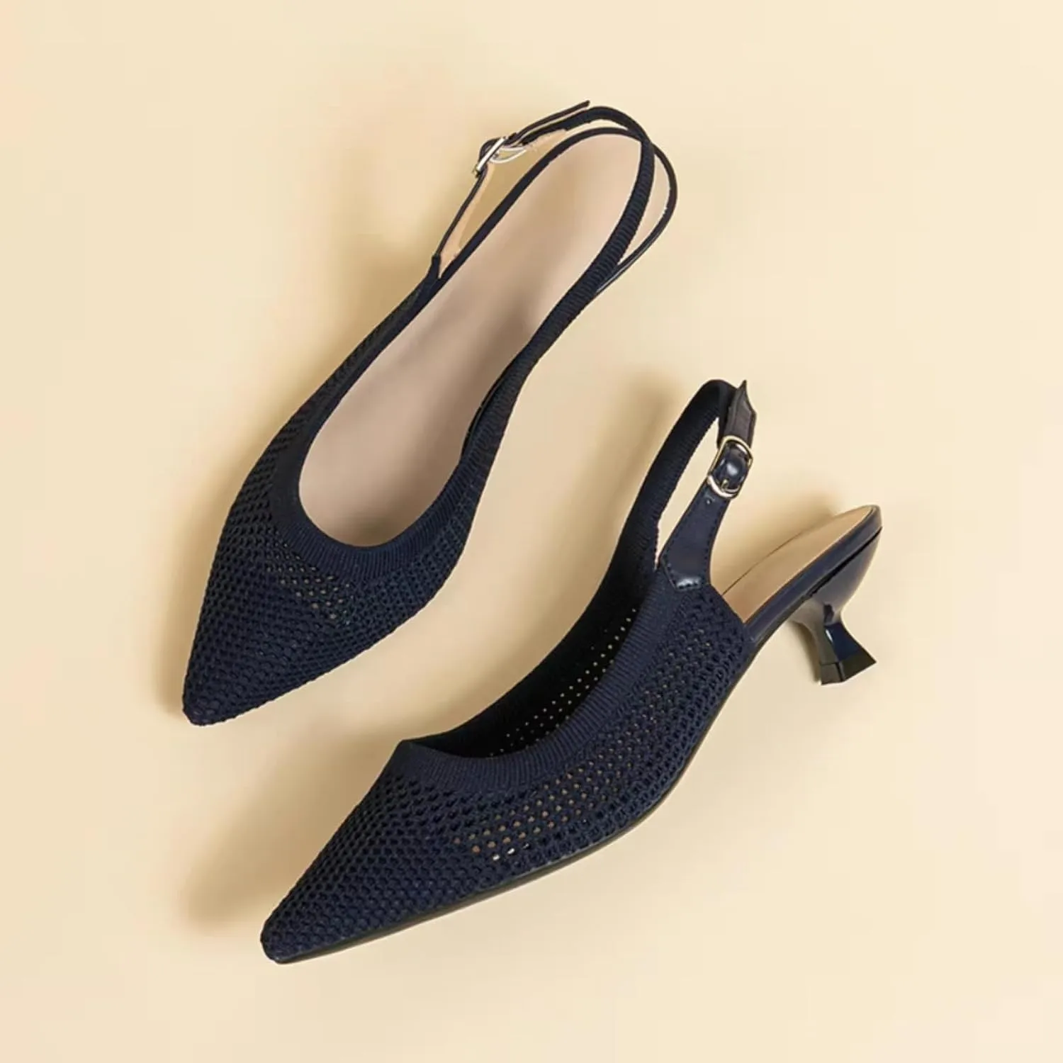 Womens Hollow Mesh Knitted Kitten Heels Slingback Work Pumps Comfortable Breathable Closed Pointed Toe Stylish Dressy Party Formal Shoes