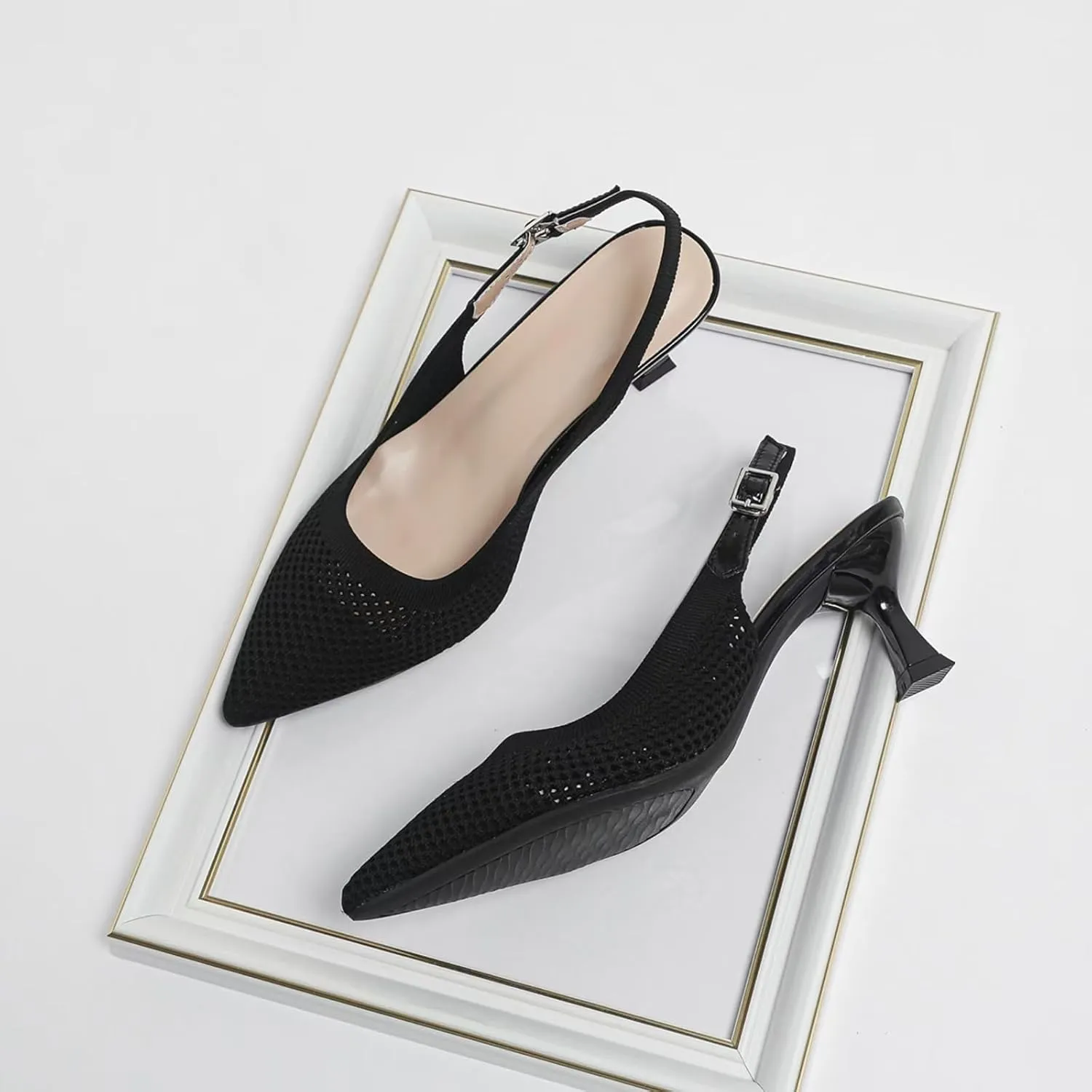 Womens Hollow Mesh Knitted Kitten Heels Slingback Work Pumps Comfortable Breathable Closed Pointed Toe Stylish Dressy Party Formal Shoes