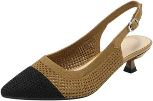 Womens Hollow Mesh Knitted Kitten Heels Slingback Work Pumps Comfortable Breathable Closed Pointed Toe Stylish Dressy Party Formal Shoes