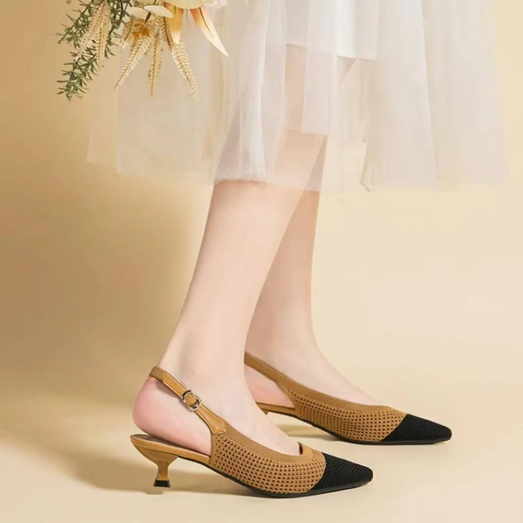 Womens Hollow Mesh Knitted Kitten Heels Slingback Work Pumps Comfortable Breathable Closed Pointed Toe Stylish Dressy Party Formal Shoes