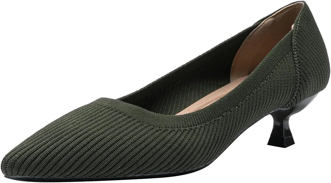 Women's Kitten Heels Pointed Toe Knit Pumps Slip On Foldable Comfortable Casual Formal Dress Shoes