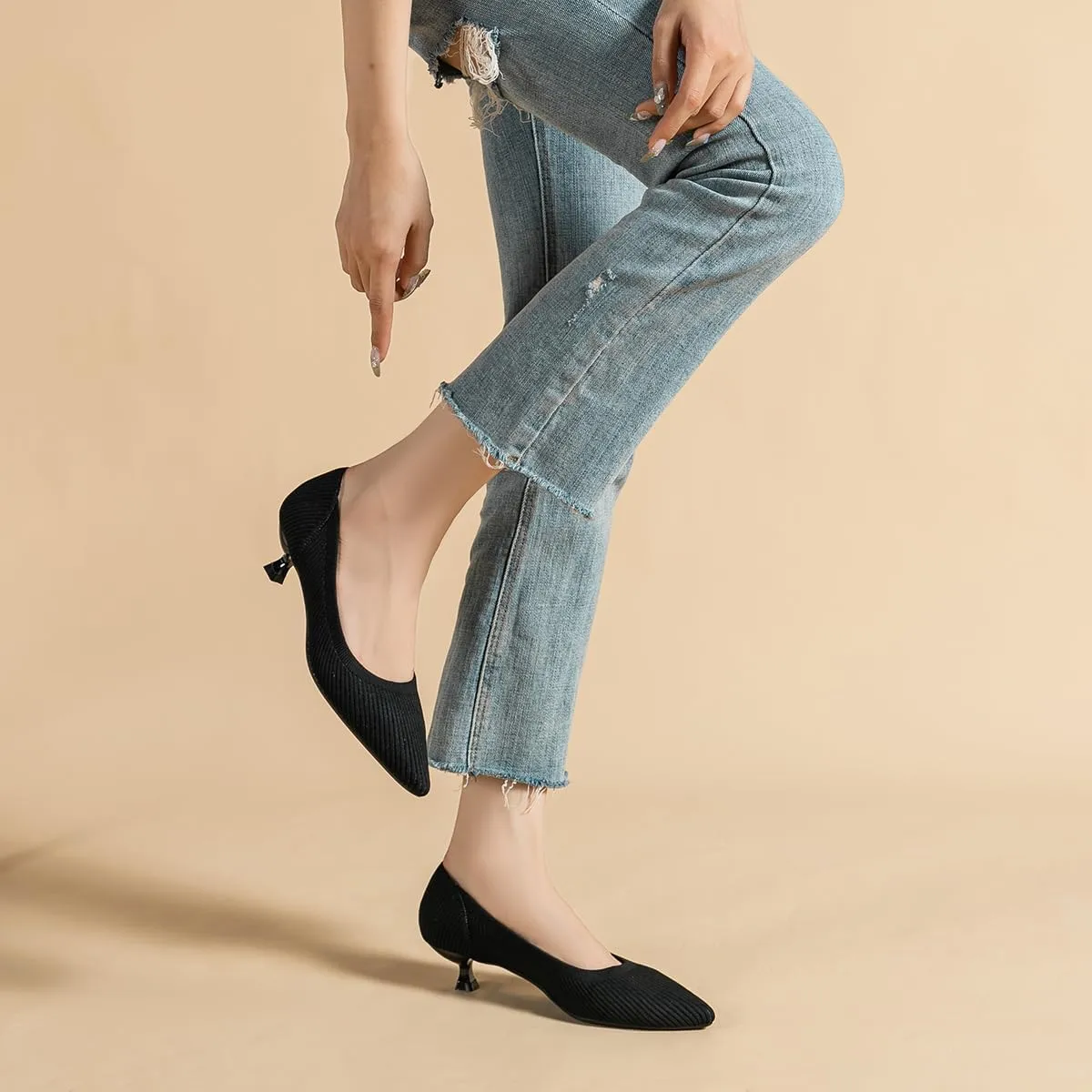 Women's Kitten Heels Pointed Toe Knit Pumps Slip On Foldable Comfortable Casual Formal Dress Shoes