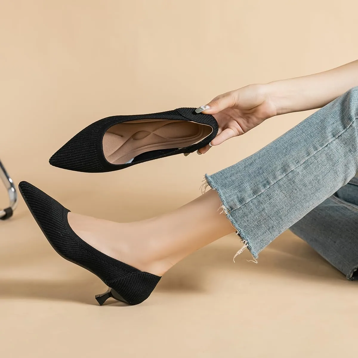Women's Kitten Heels Pointed Toe Knit Pumps Slip On Foldable Comfortable Casual Formal Dress Shoes