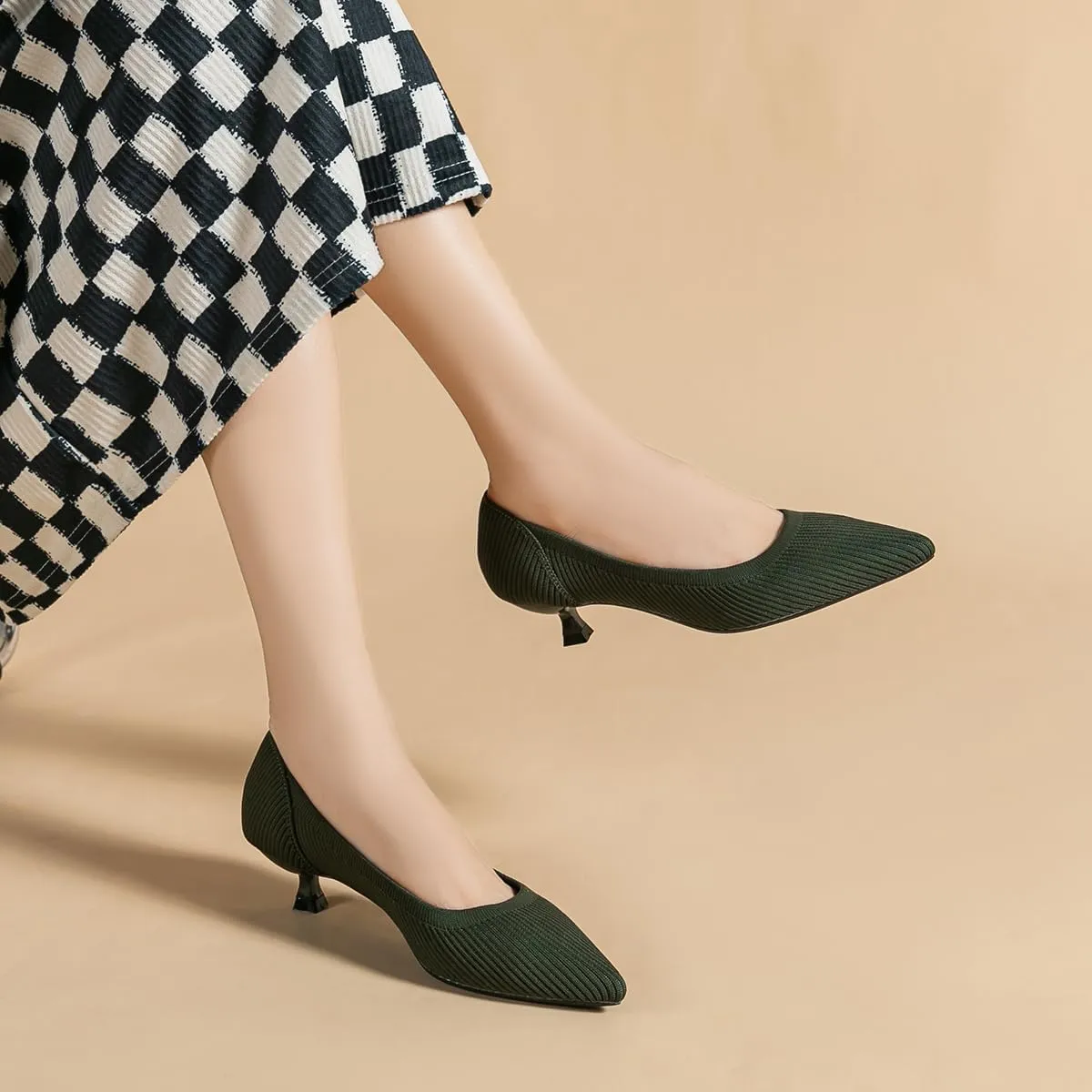 Women's Kitten Heels Pointed Toe Knit Pumps Slip On Foldable Comfortable Casual Formal Dress Shoes