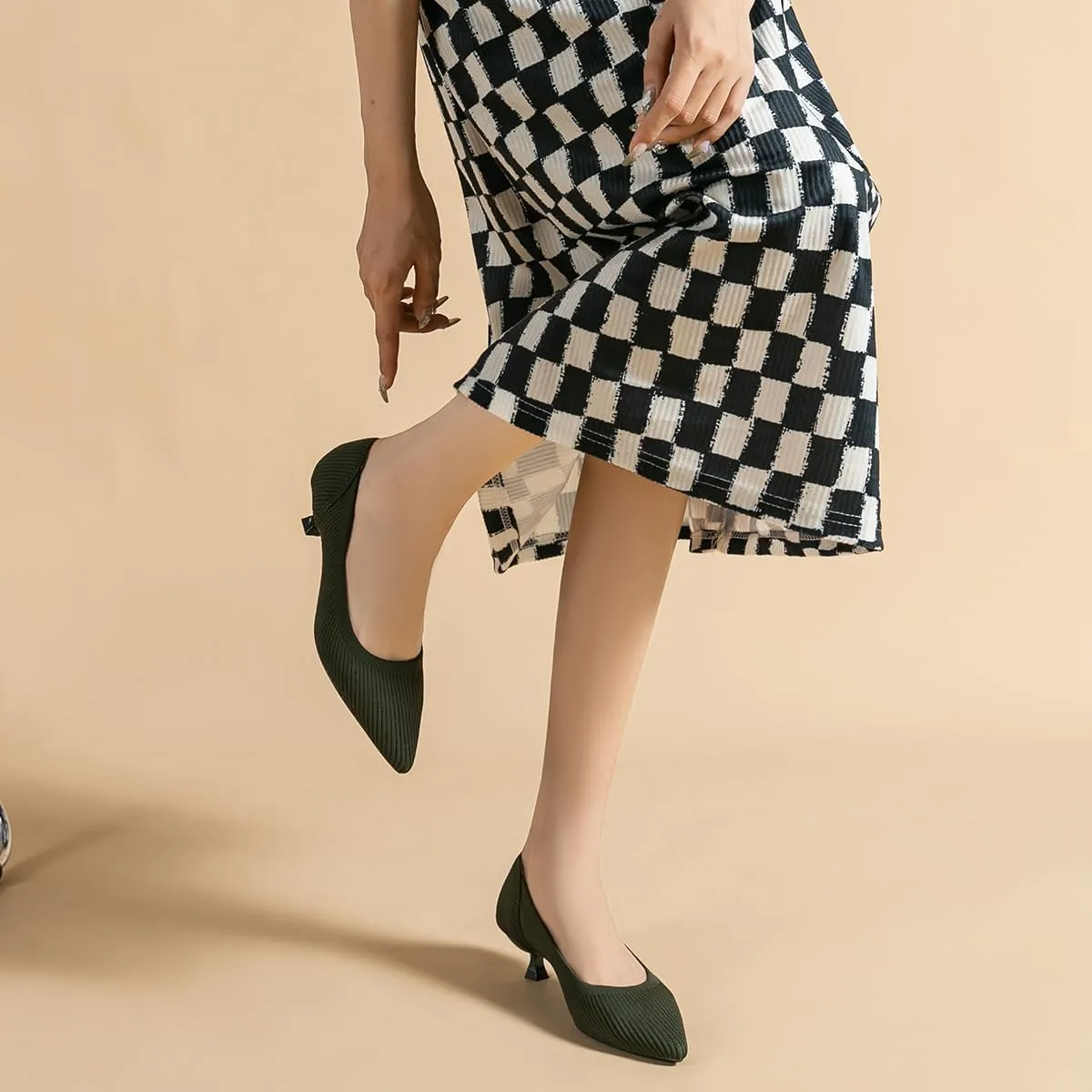 Women's Kitten Heels Pointed Toe Knit Pumps Slip On Foldable Comfortable Casual Formal Dress Shoes