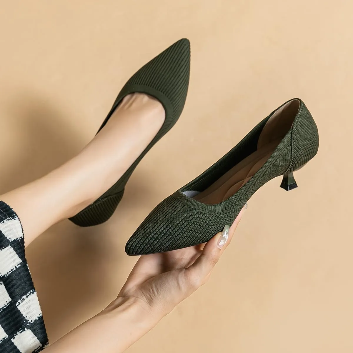 Women's Kitten Heels Pointed Toe Knit Pumps Slip On Foldable Comfortable Casual Formal Dress Shoes