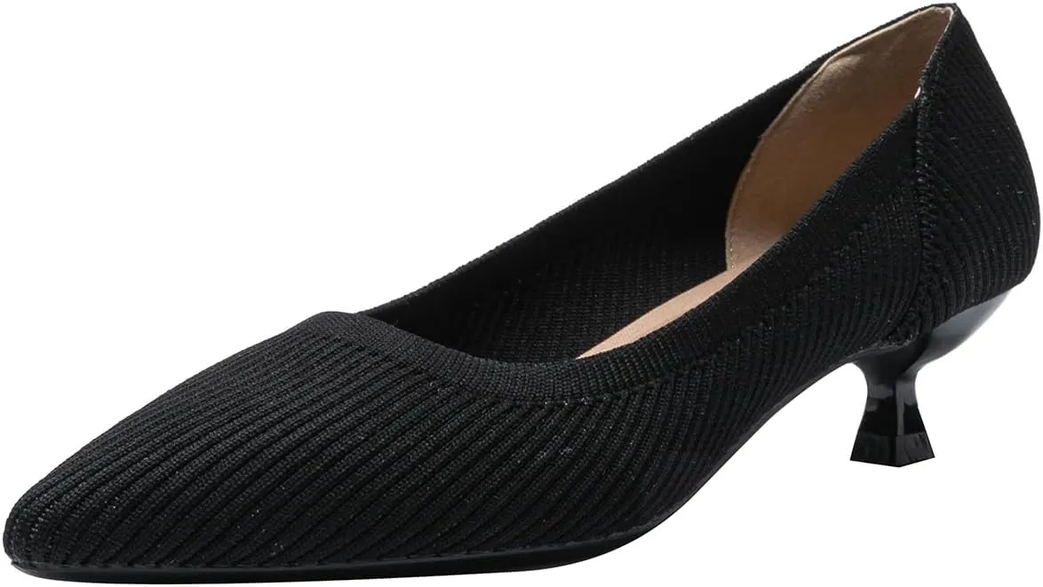 Women's Kitten Heels Pointed Toe Knit Pumps Slip On Foldable Comfortable Casual Formal Dress Shoes