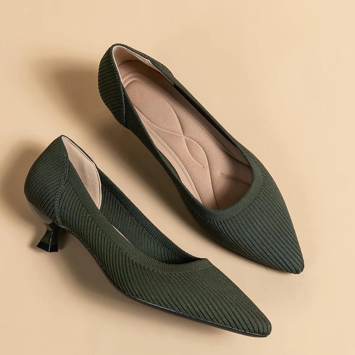 Women's Kitten Heels Pointed Toe Knit Pumps Slip On Foldable Comfortable Casual Formal Dress Shoes