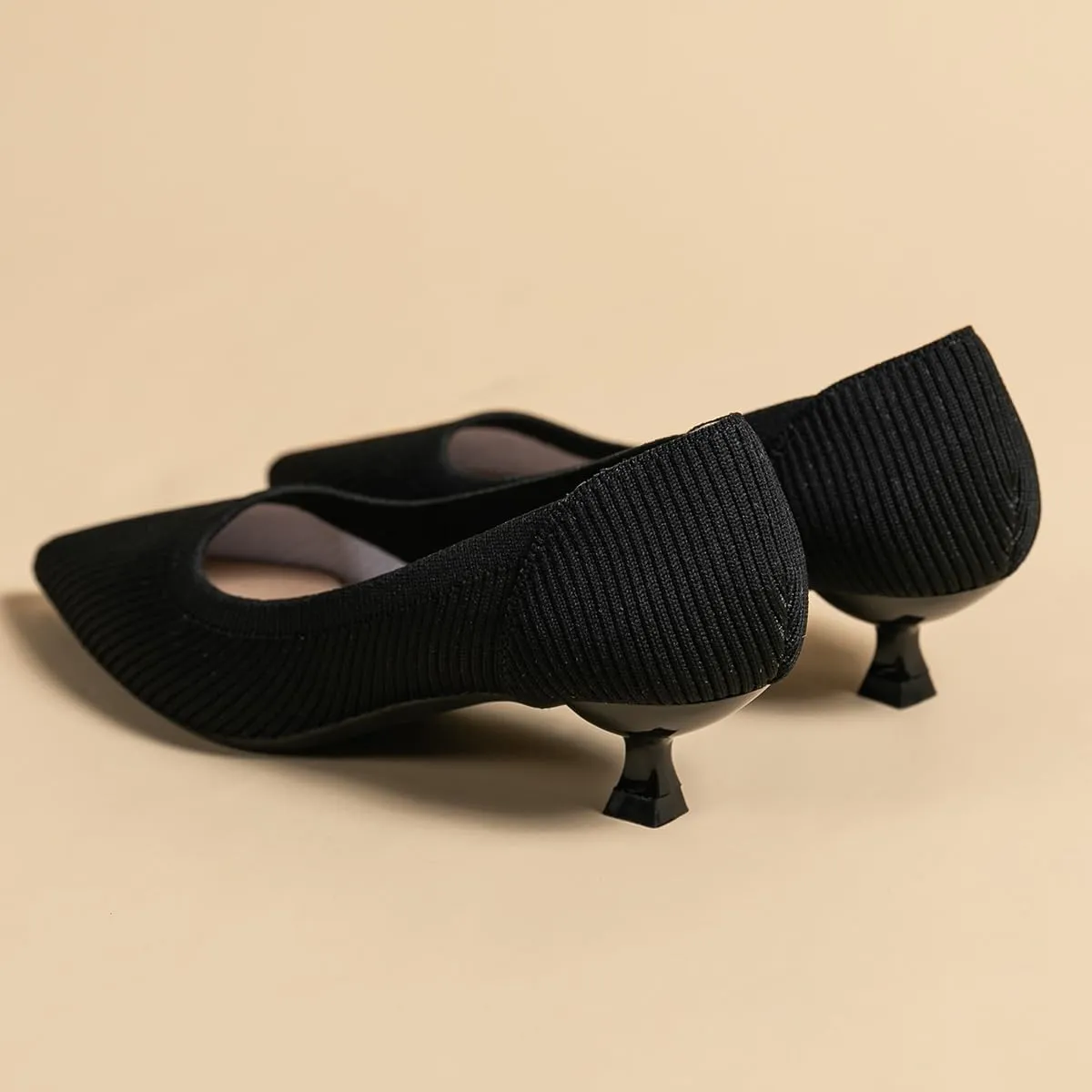 Women's Kitten Heels Pointed Toe Knit Pumps Slip On Foldable Comfortable Casual Formal Dress Shoes