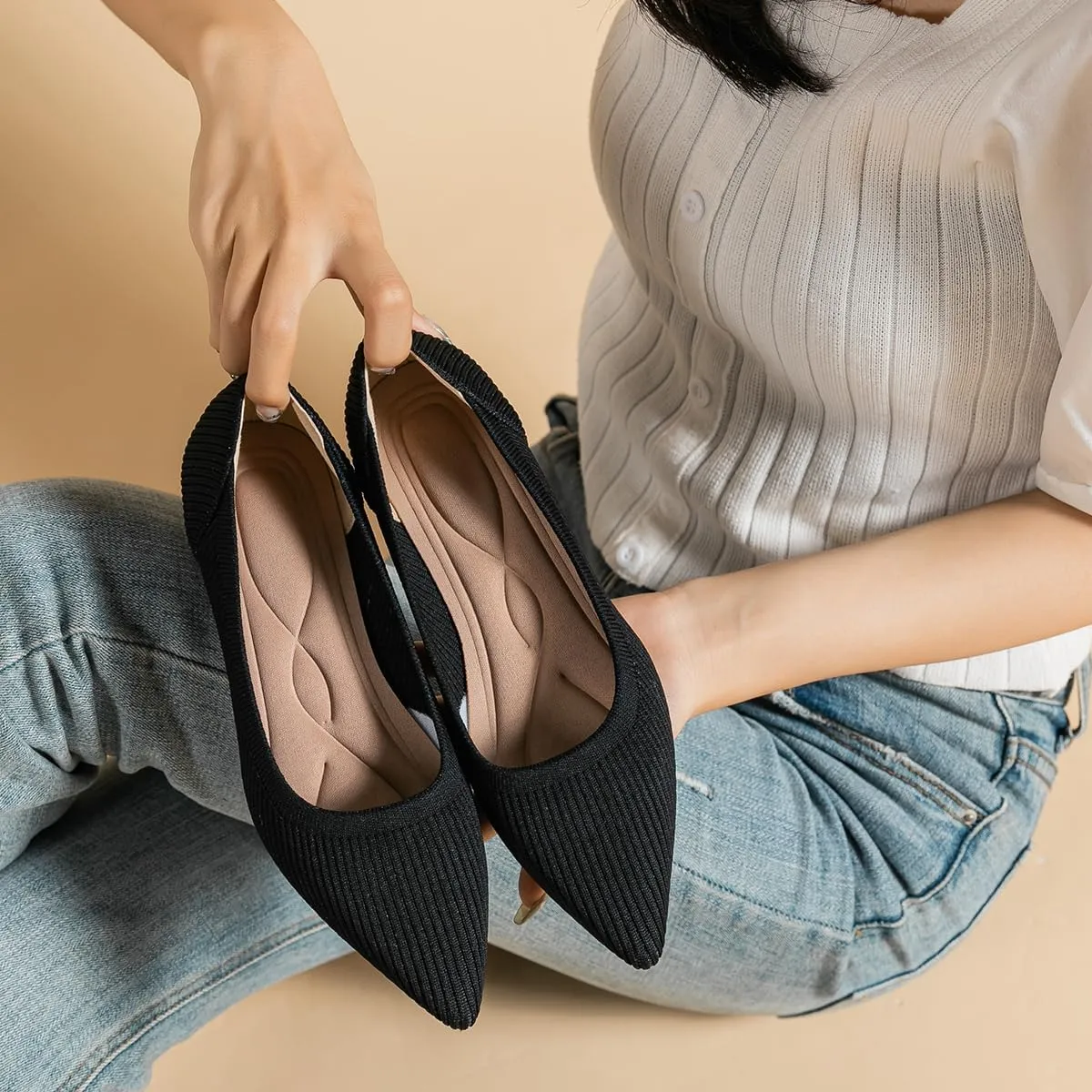 Women's Kitten Heels Pointed Toe Knit Pumps Slip On Foldable Comfortable Casual Formal Dress Shoes