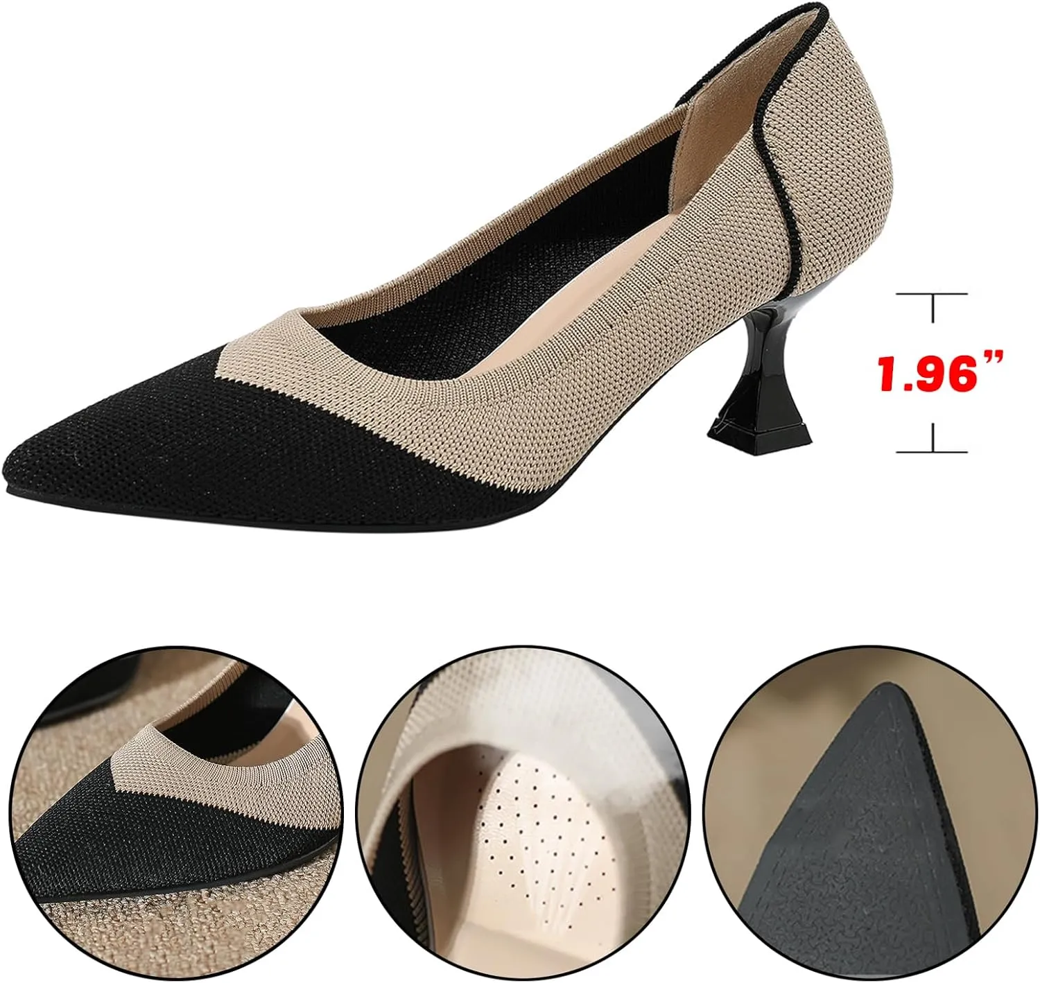 Women's Knitted Punching Kitten Heels Pumps,Closed Pointed Toe Slip on Foldable Comfortable Casual Formal Dress Shoes,for Business Office Work Low Heel Shoes