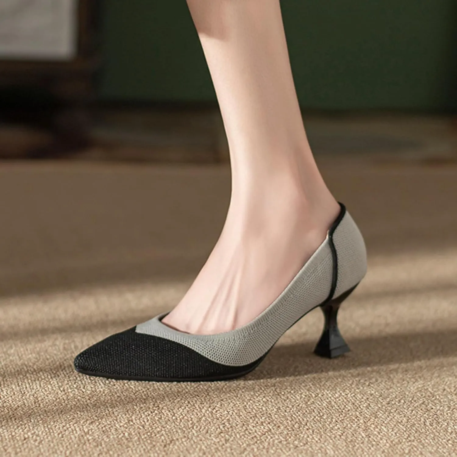 Women's Knitted Punching Kitten Heels Pumps,Closed Pointed Toe Slip on Foldable Comfortable Casual Formal Dress Shoes,for Business Office Work Low Heel Shoes