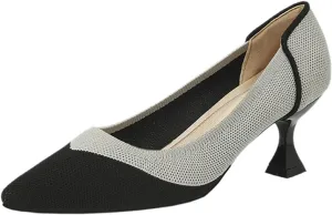Women's Knitted Punching Kitten Heels Pumps,Closed Pointed Toe Slip on Foldable Comfortable Casual Formal Dress Shoes,for Business Office Work Low Heel Shoes