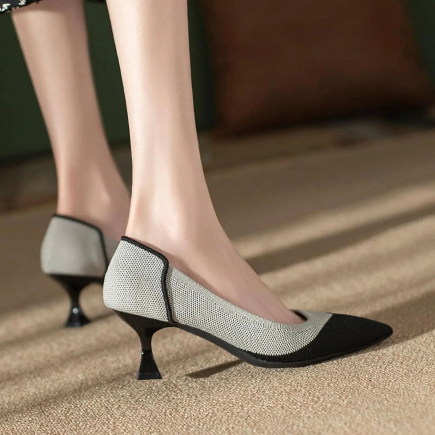 Women's Knitted Punching Kitten Heels Pumps,Closed Pointed Toe Slip on Foldable Comfortable Casual Formal Dress Shoes,for Business Office Work Low Heel Shoes