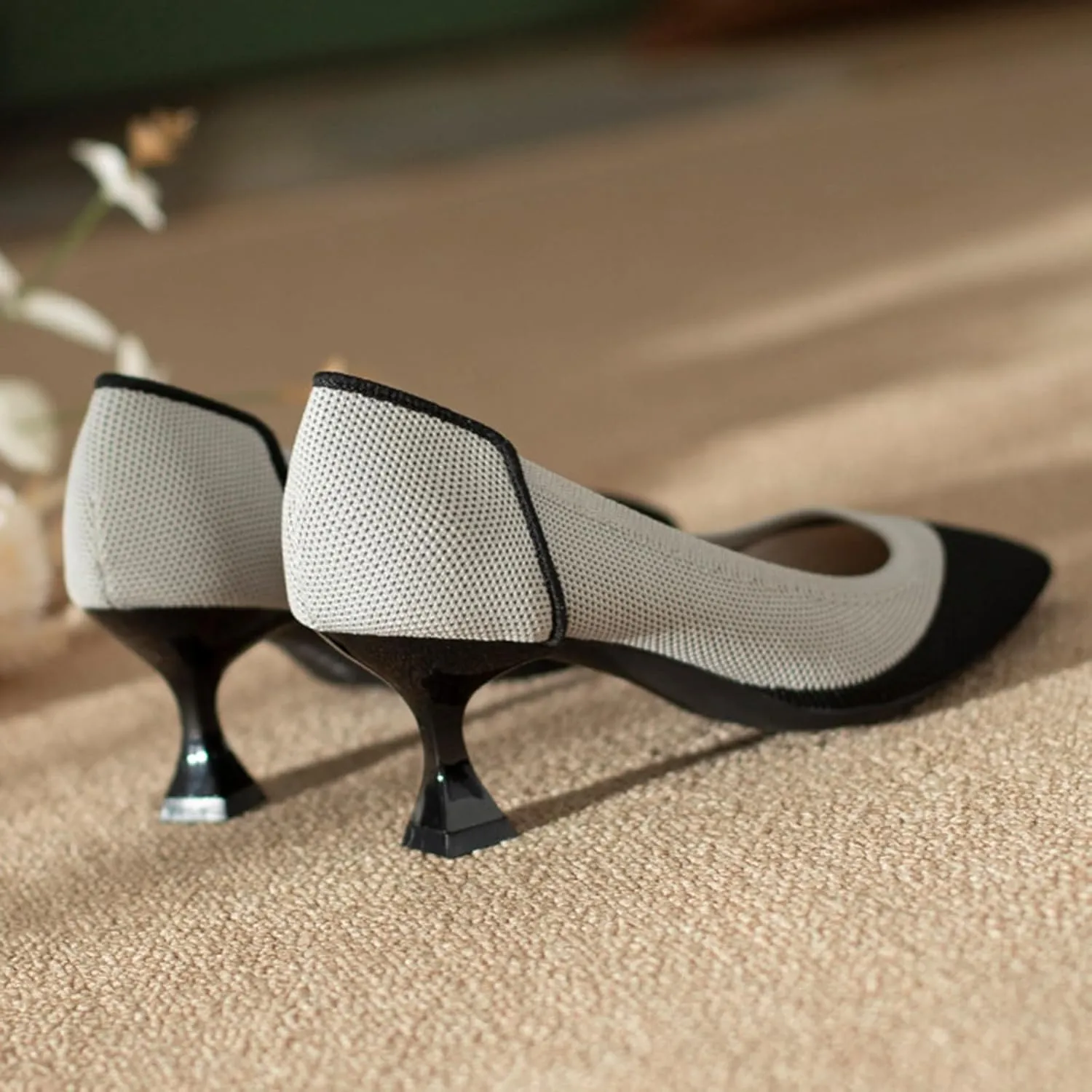 Women's Knitted Punching Kitten Heels Pumps,Closed Pointed Toe Slip on Foldable Comfortable Casual Formal Dress Shoes,for Business Office Work Low Heel Shoes